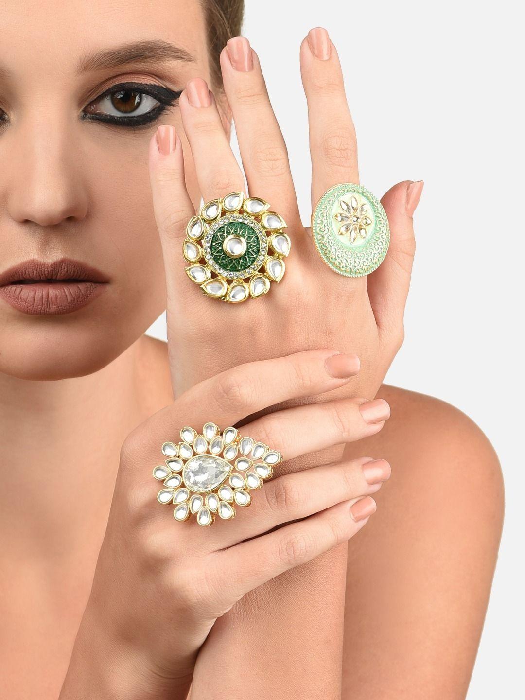 zaveri pearls set of 3 gold-plated white & green stone studded adjustable finger rings