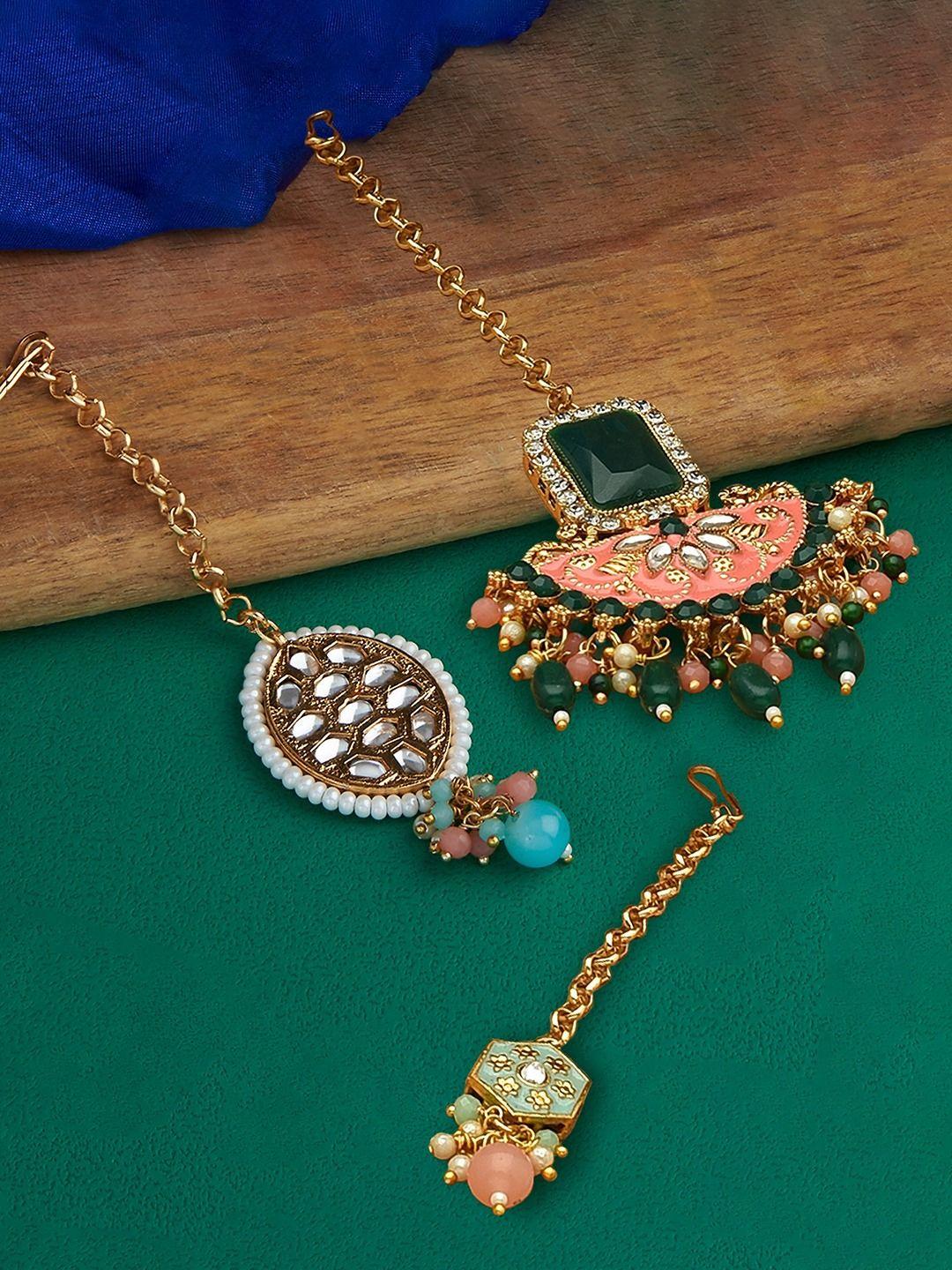 zaveri pearls set of 3 multicolored kundan-studded & beaded head jewellery