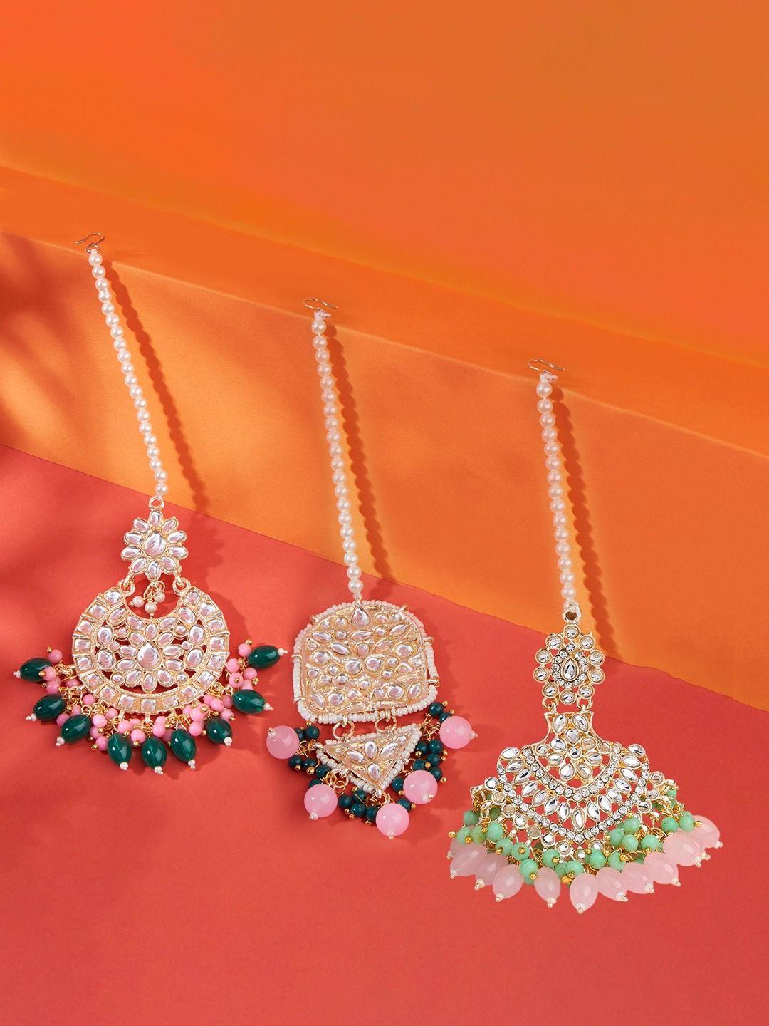 zaveri pearls set of 3 white & green  kundan studded & beaded meenakari maangtikka