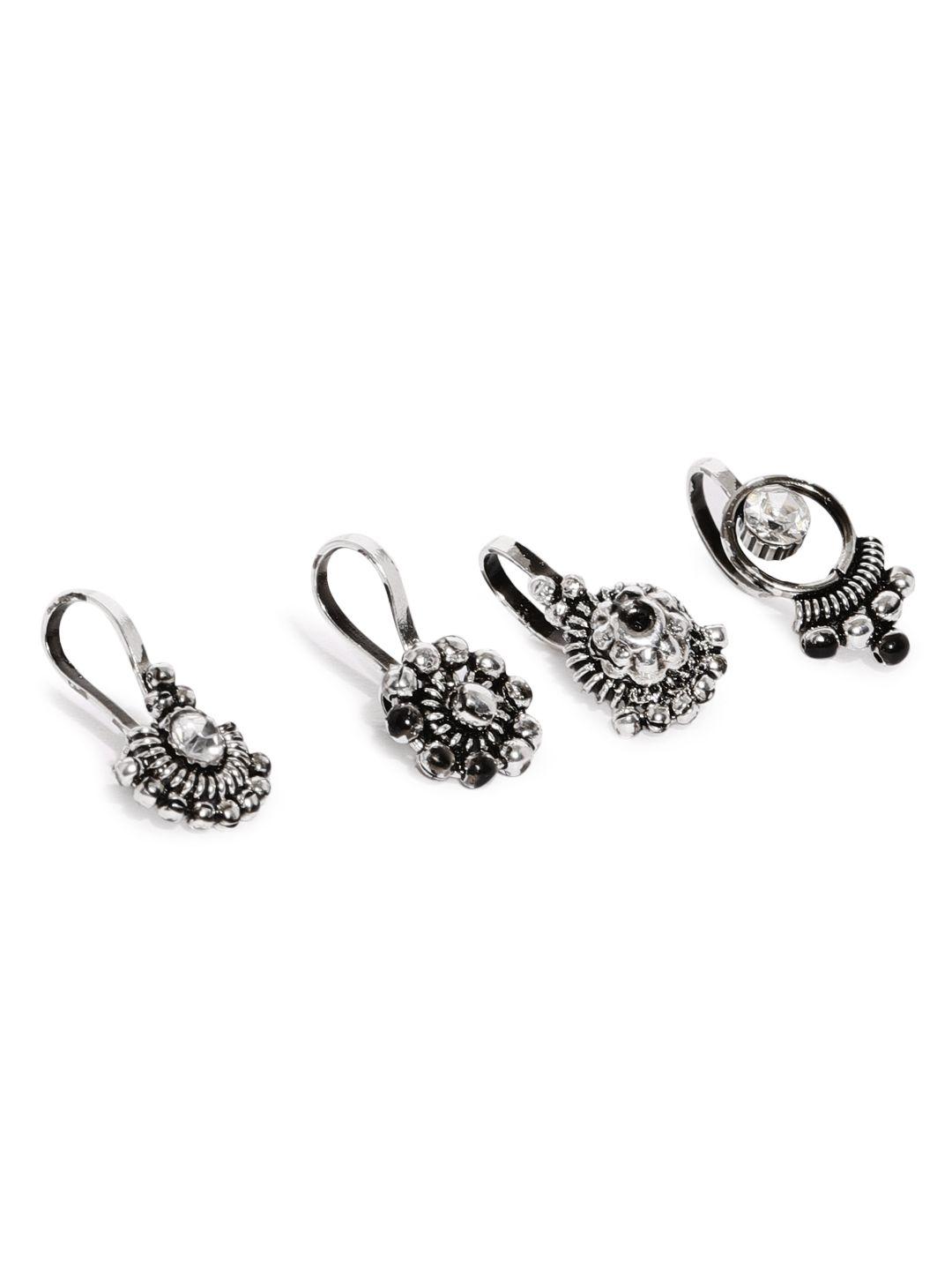 zaveri pearls set of 4 antique silver toned adjustable nose pin