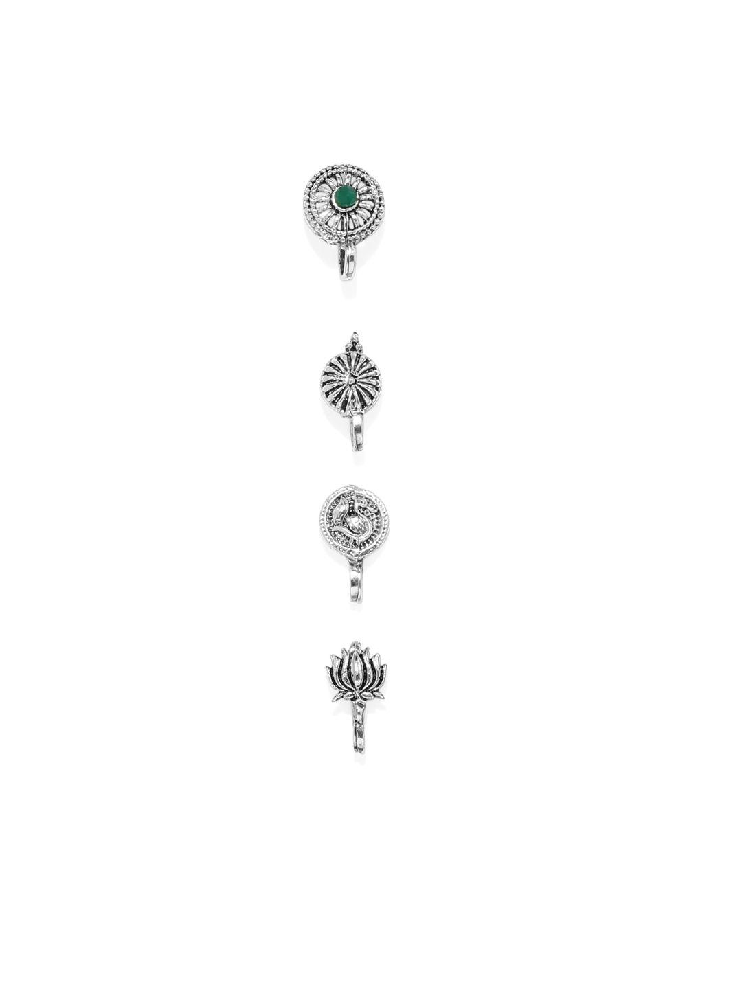 zaveri pearls set of 4 oxidised silver-plated beaded stone-studded nosepins