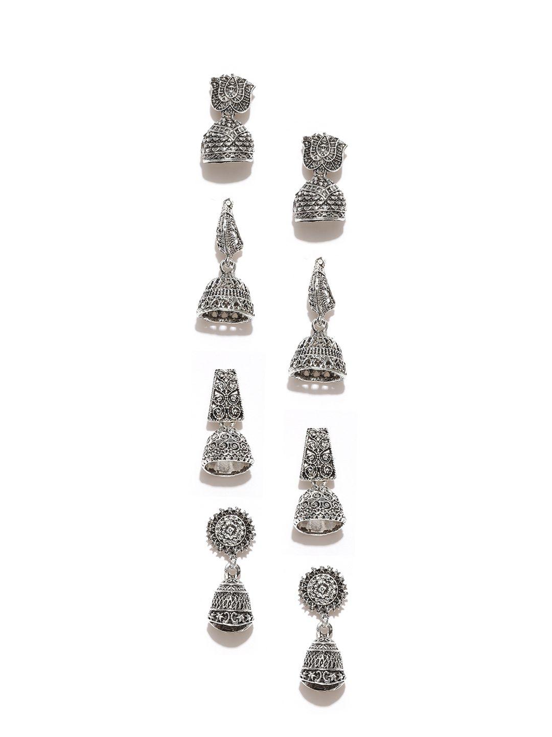 zaveri pearls set of 4 oxidised silver-plated textured jhumkas