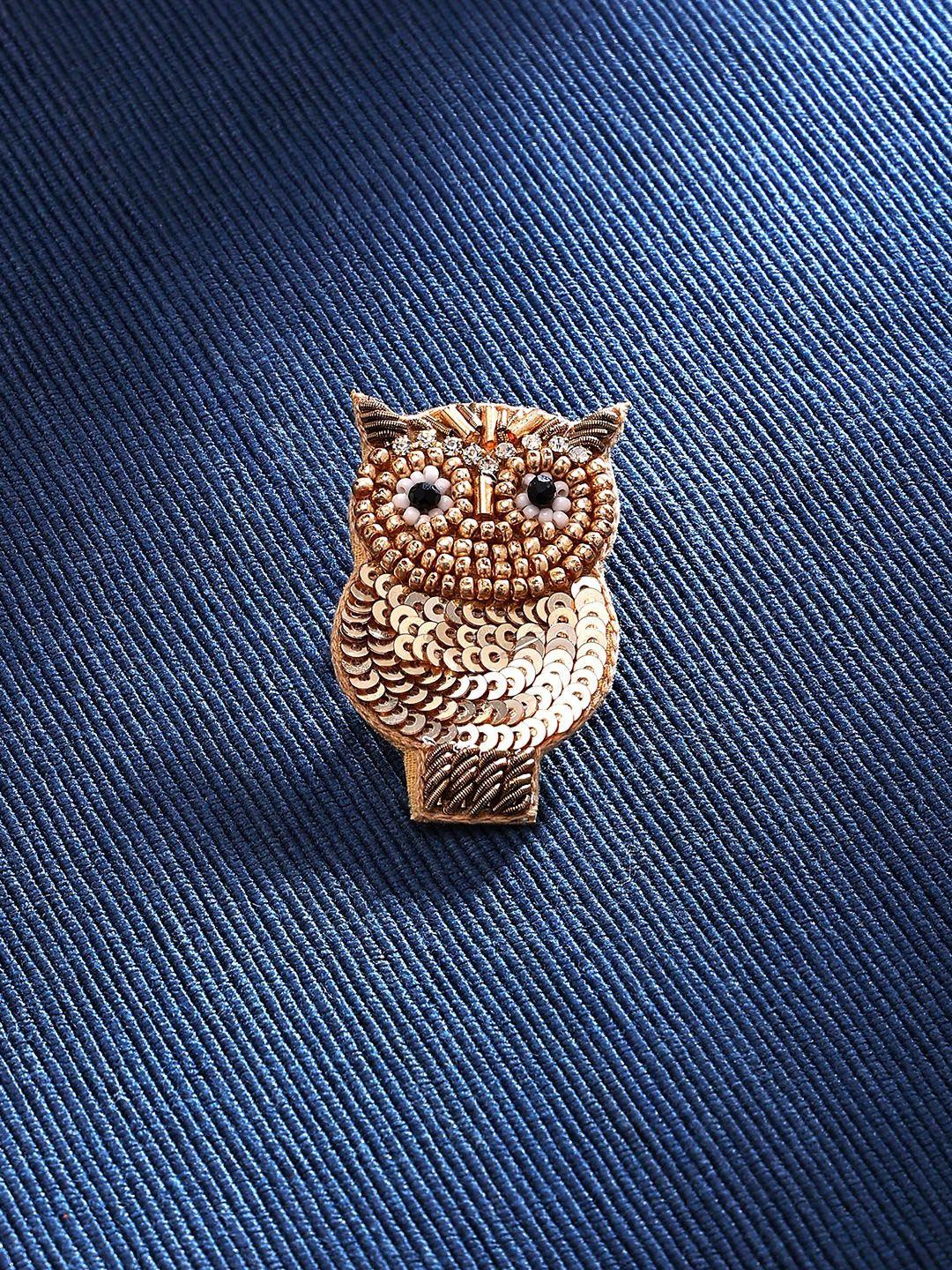 zaveri pearls stone-studded & beaded owl brooch