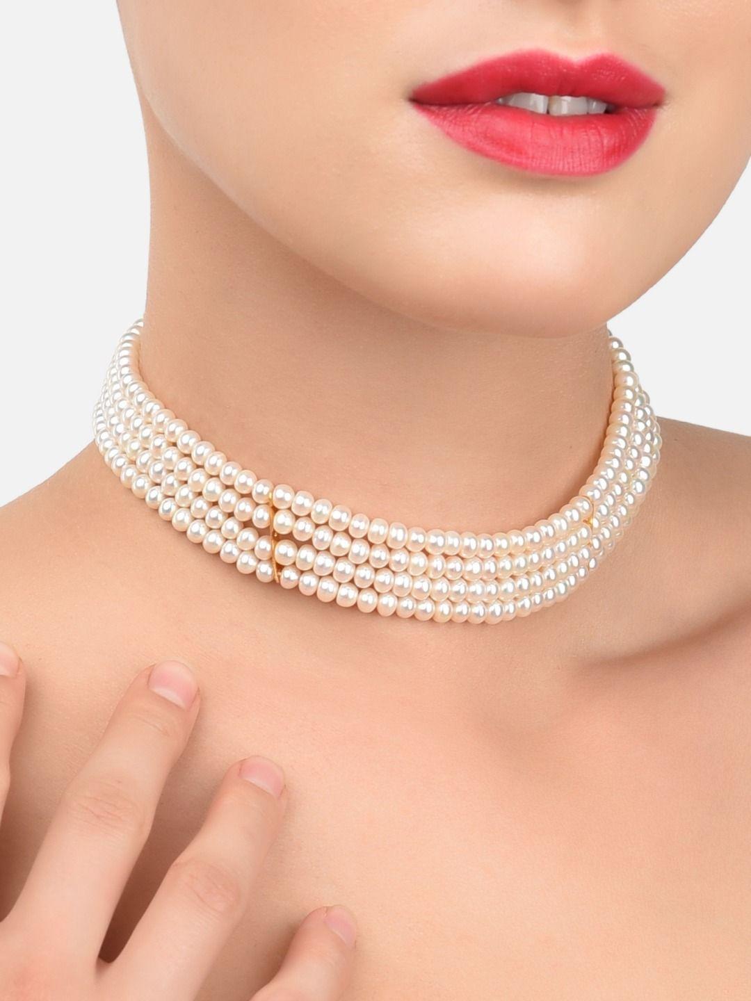 zaveri pearls white & gold-plated freshwater pearl choker necklace