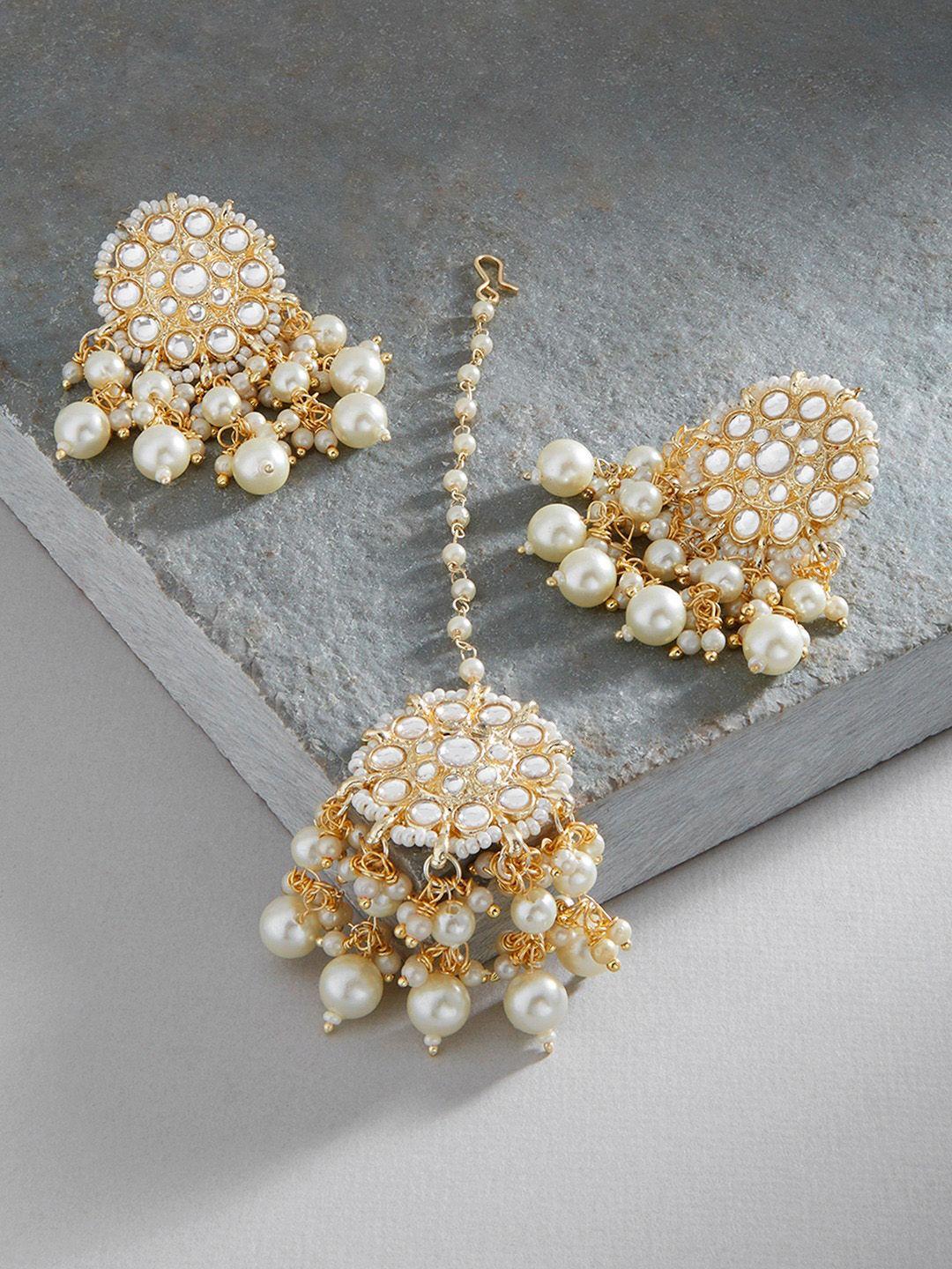 zaveri pearls white & gold-plated kundan-studded & beaded earring & maang tikka set