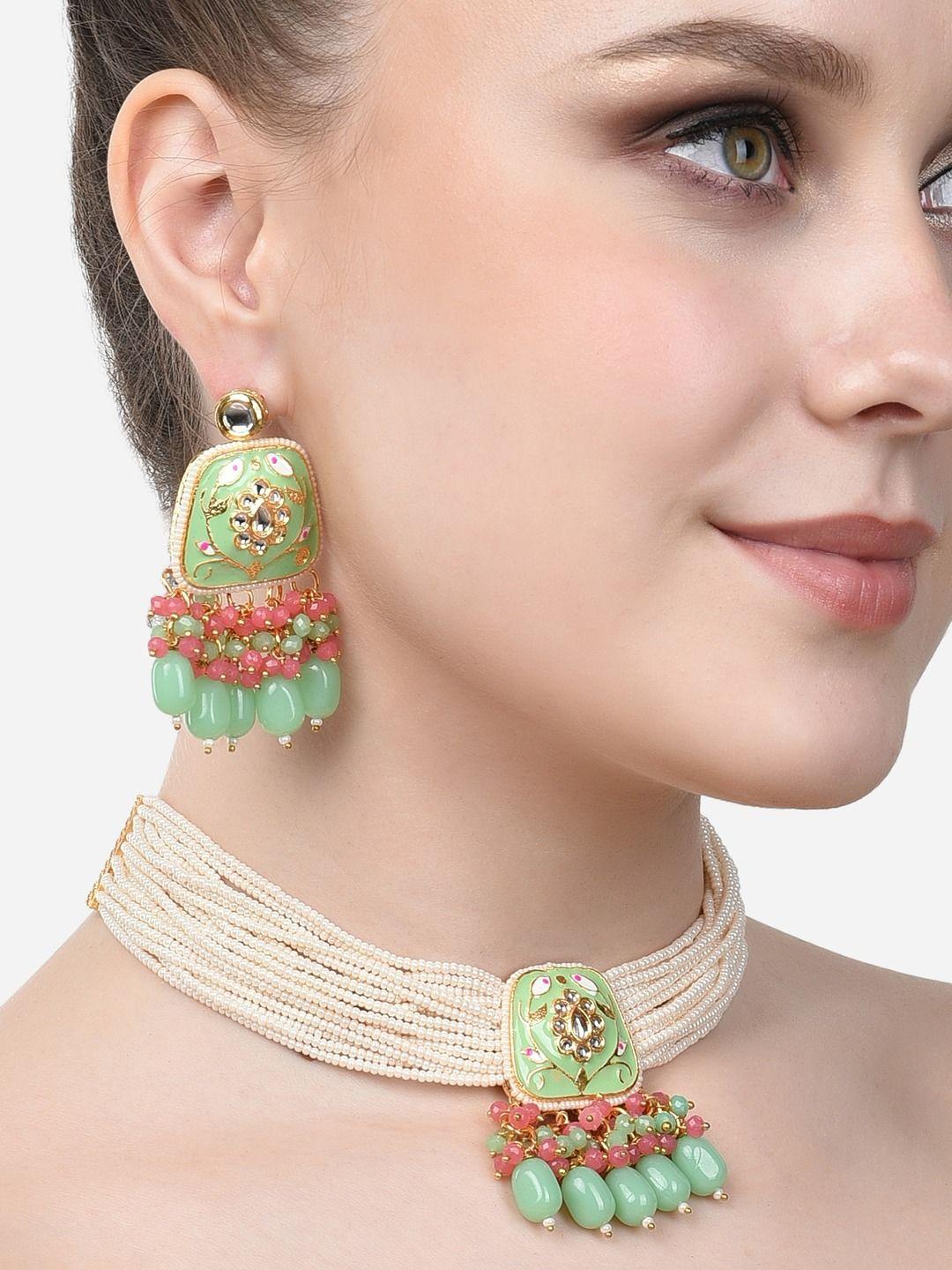 zaveri pearls white & pink kundan-studded & pearl beaded meenakari jewellery set