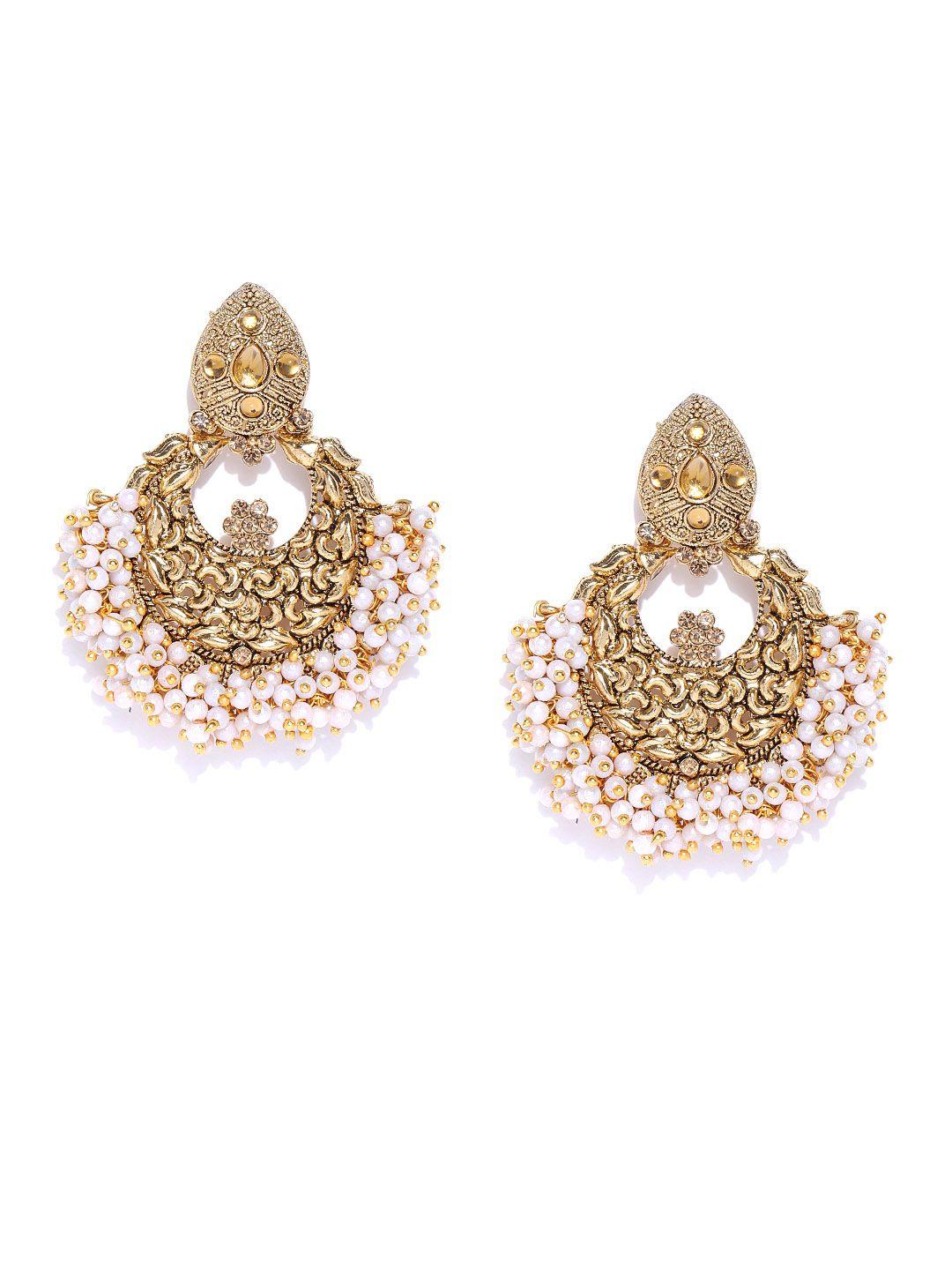 zaveri pearls white gold-plated stone-studded & beaded crescent shaped chandbalis