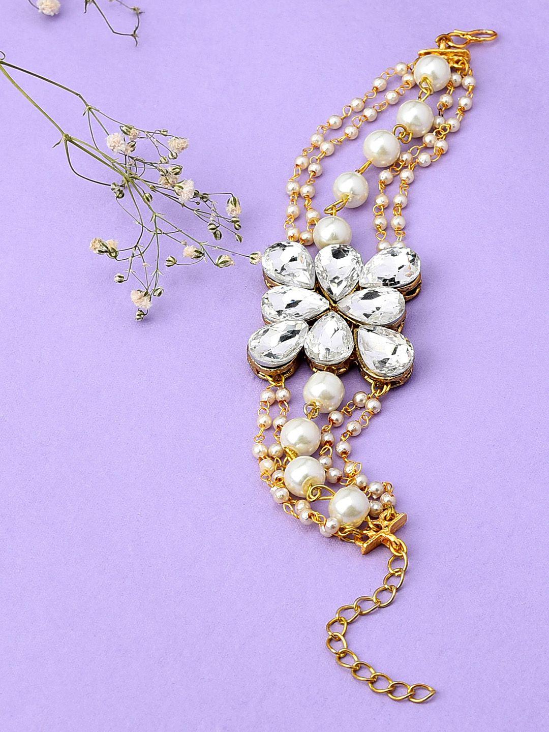 zaveri pearls white gold-plated stones & beads embellished multistrand wraparound bracelet