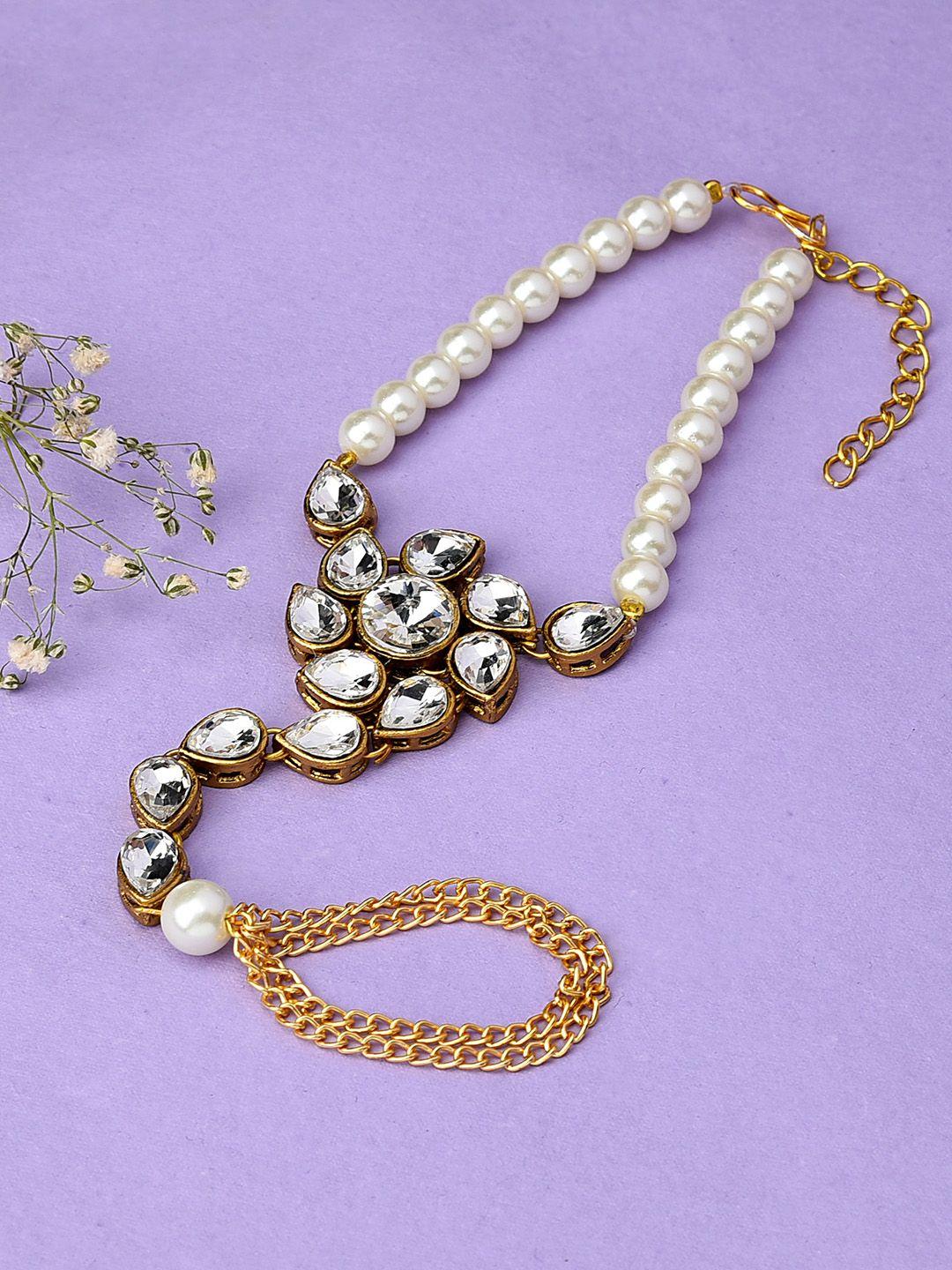 zaveri pearls white gold-plated studded & beaded ring bracelet
