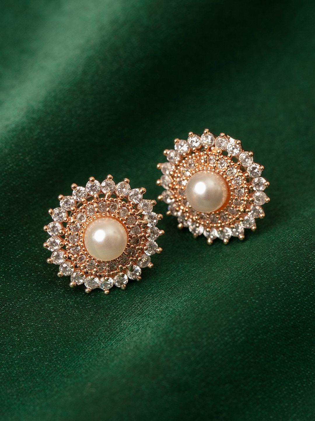 zaveri pearls white rose gold-plated cubic zirconia circular studs