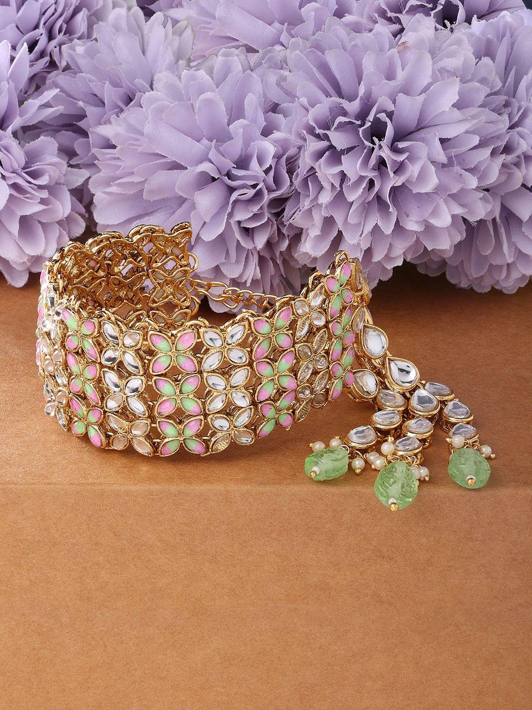 zaveri pearls women gold-toned & green gold-plated wraparound bracelet