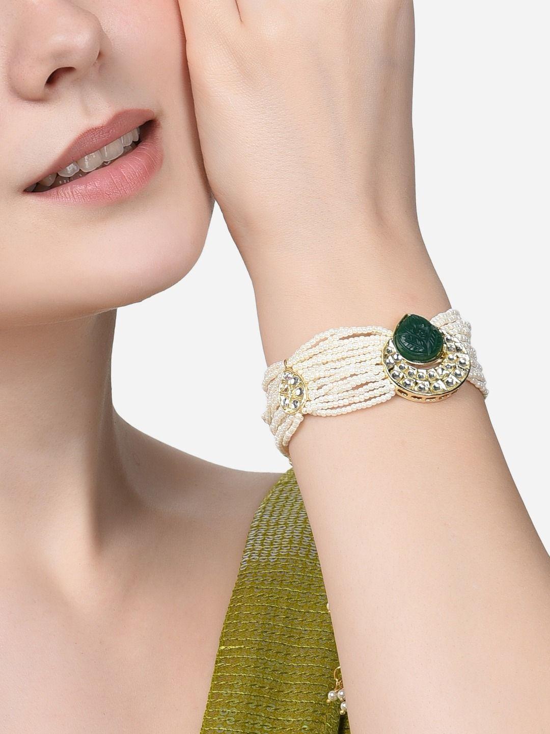 zaveri pearls women green & white pearls gold-plated wraparound bracelet