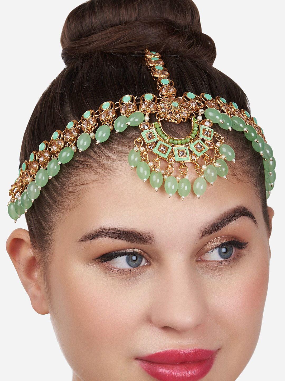 zaveri pearls women green gold-plated artificial stone studded mathapatti head jewellery