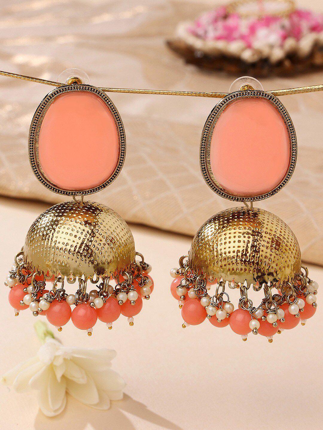 zaveri pearls women peach-coloured & gold-toned contemporary jhumkas earrings