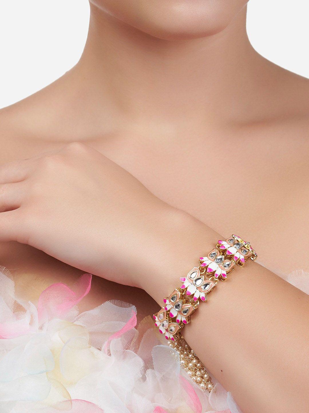 zaveri pearls women pink & white kundan meenakari gold-plated wraparound bracelet