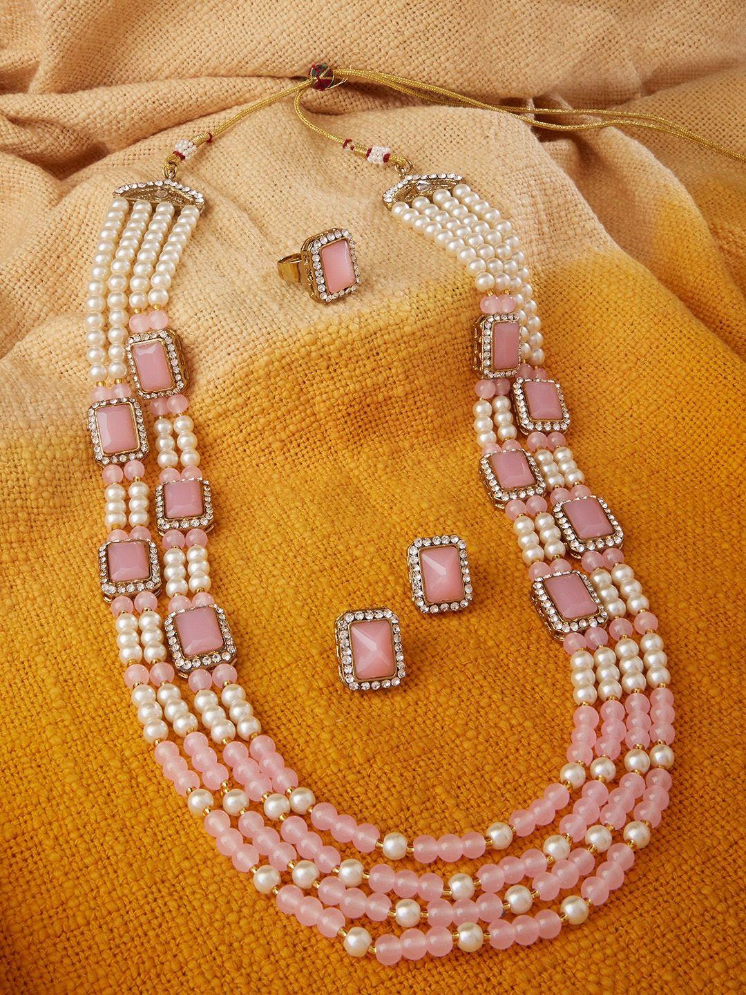 zaveri pearls women pink & white pearl beaded gold-plated jewellery set