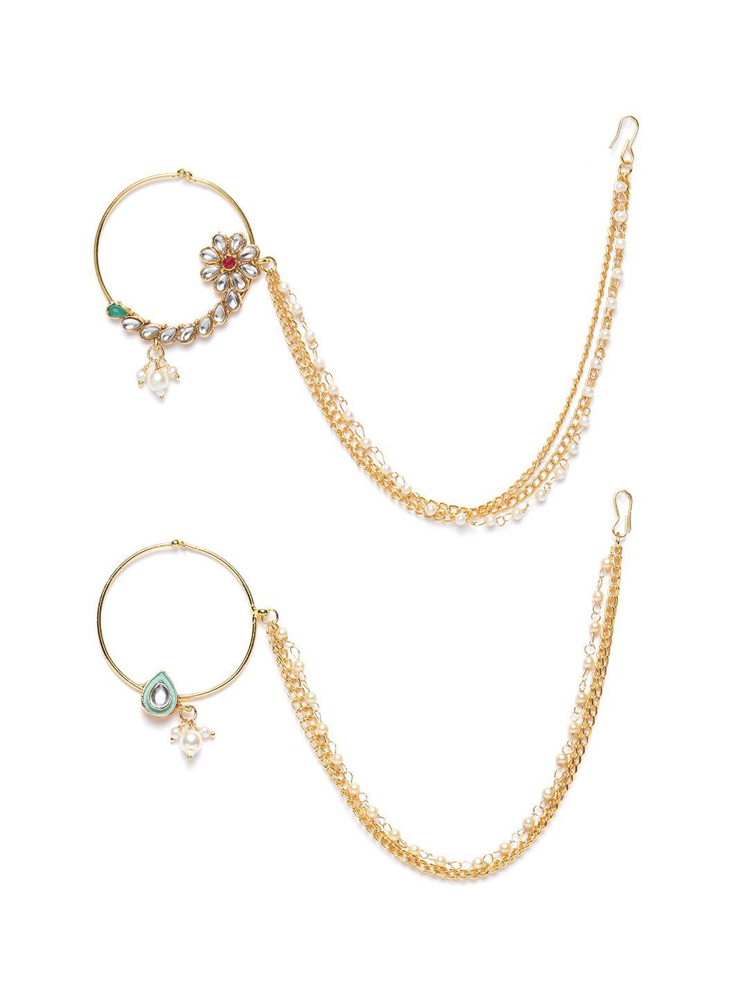 zaveri pearls women set of 2 gold-plated kundan-studded clip-on nose rings with chain