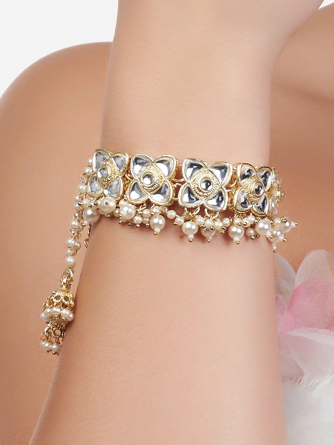 zaveri pearls women white kundan gold-plated wraparound bracelet