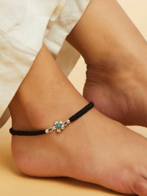 zavya 92.5 sterling silver floral blue rhodium-plated thread anklet - single piece