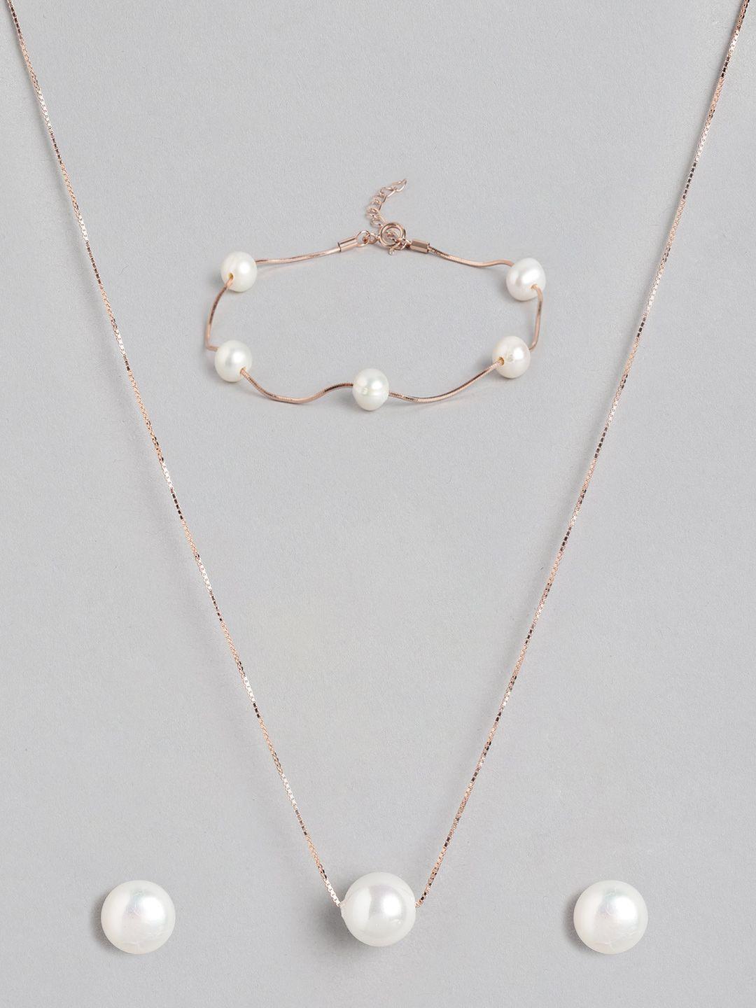 zavya women 925 sterling silver rose gold-plated pearls jewellery set