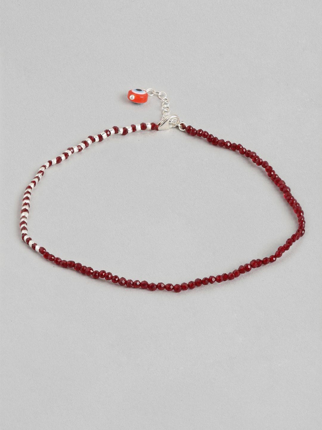 zavya rhodium-plated maroon & white evil eye 925 sterling silver anklet