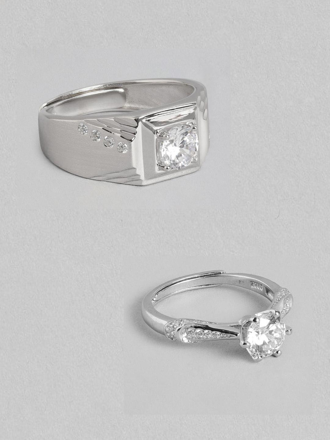 zavya set of 2 925 sterling silver rhodium-plated & cz-studded couple ring