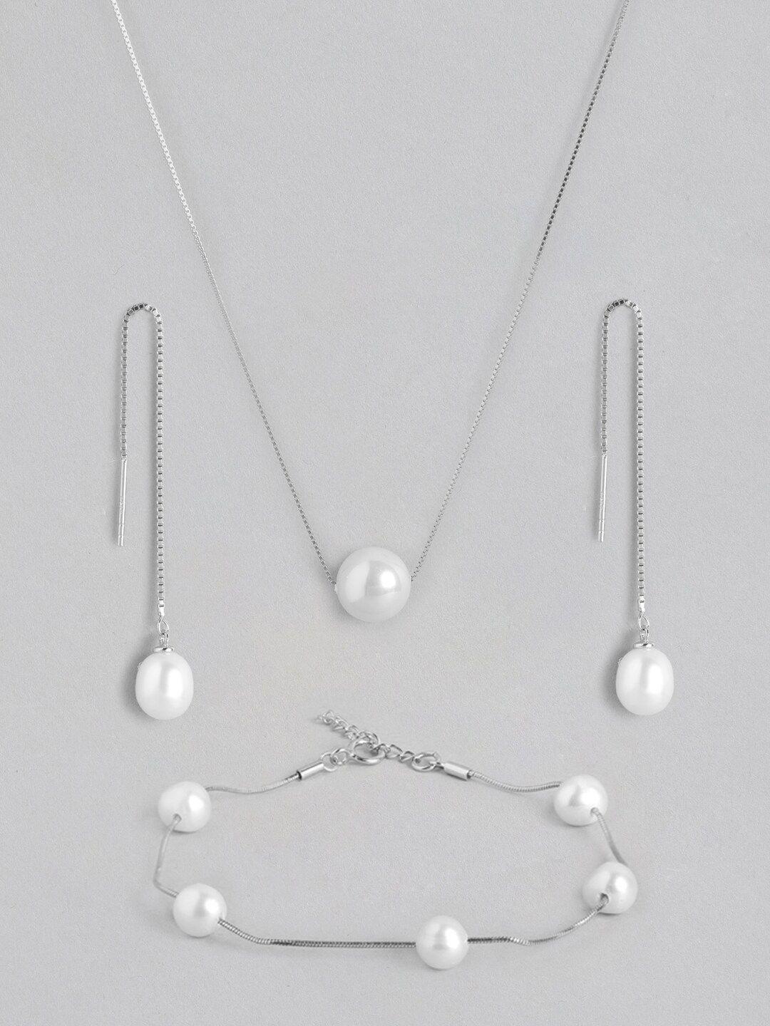 zavya sterling silver rhodium-plated pearls-studded jewellery set