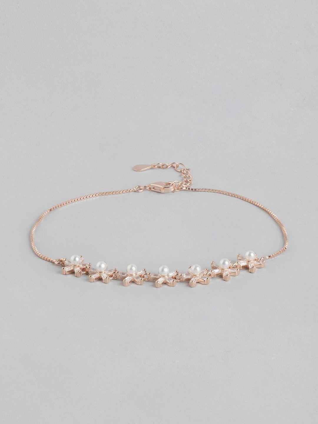 zavya women 925 sterling silver pearls-studded rose gold-plated charm bracelet