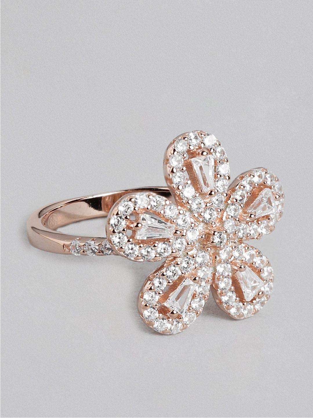 zavya women 925 sterling silver rose gold-plated cz studded finger ring