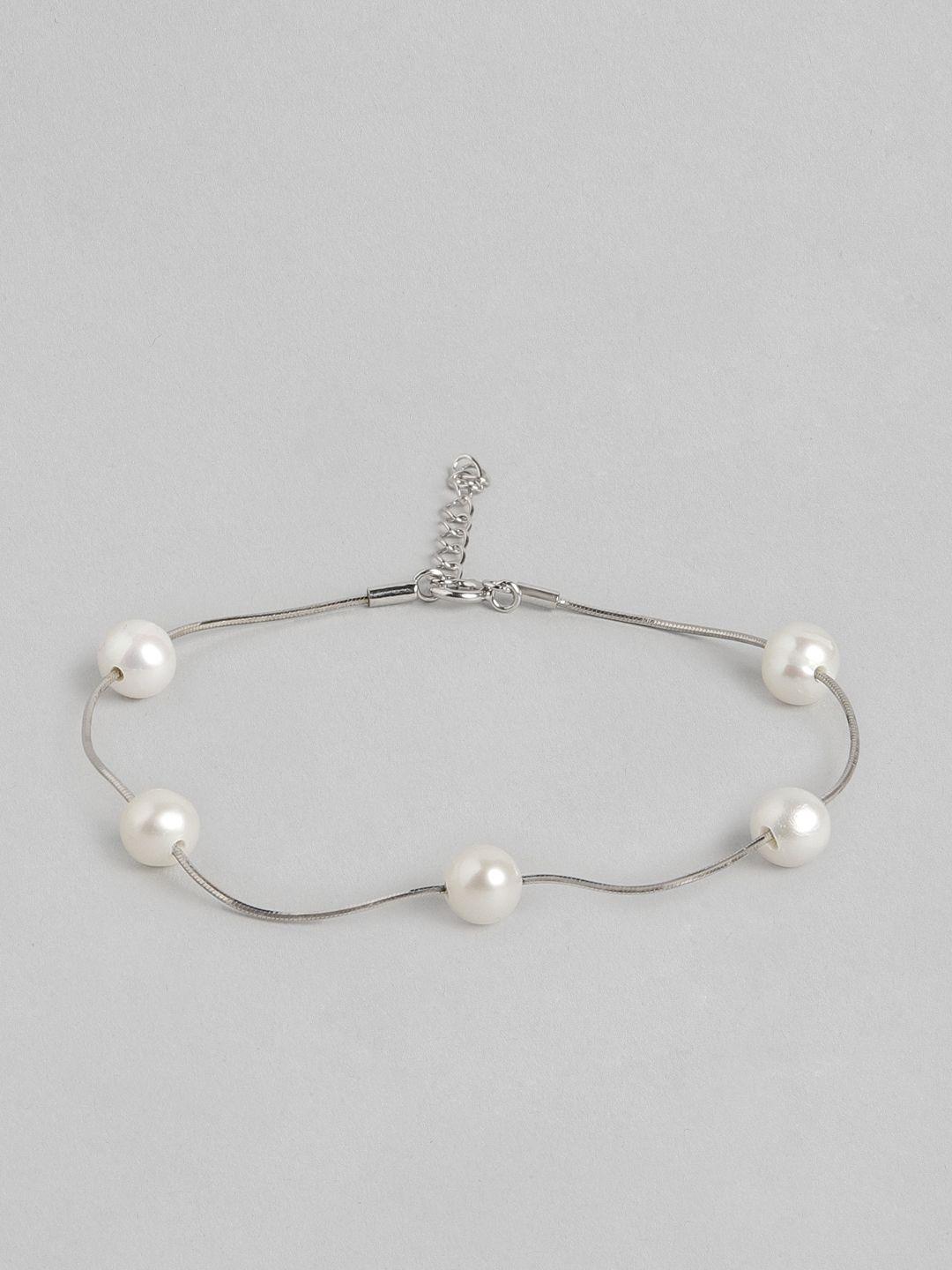 zavya women 925 sterling silver white pearls rhodium-plated charm bracelet