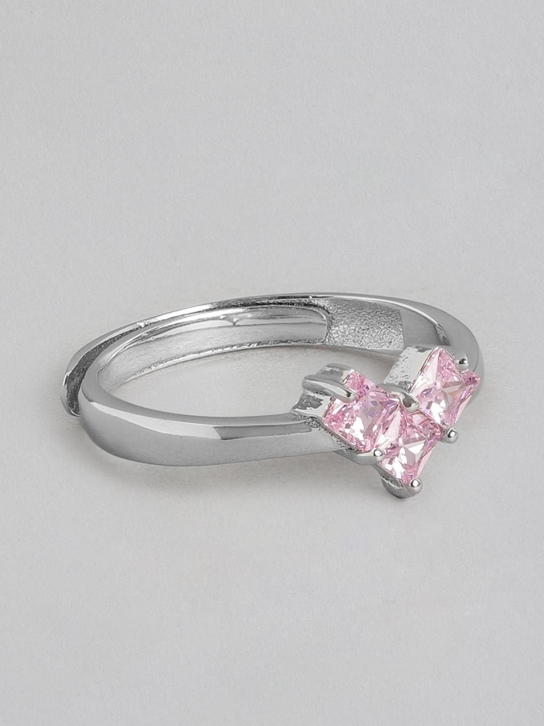 zavya women rhodium-plated 925 sterling silver pink cz studded adjustable finger ring