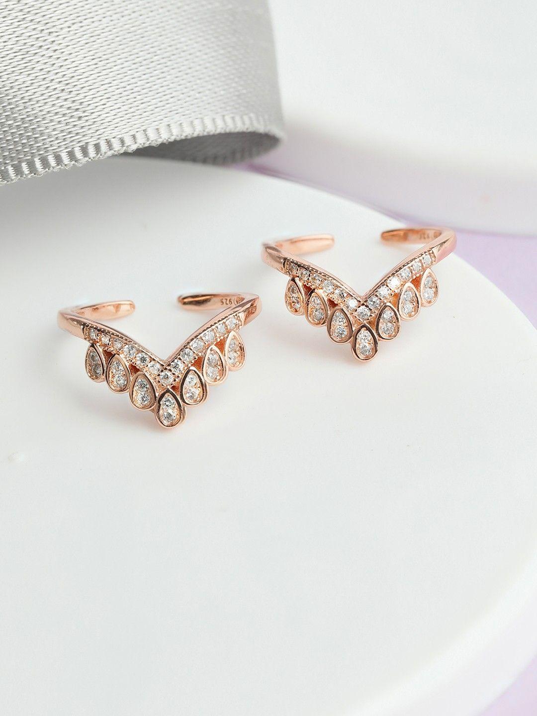 zavya women set of 2 925 sterling silver rose-gold plated studded crown shaped toe ring