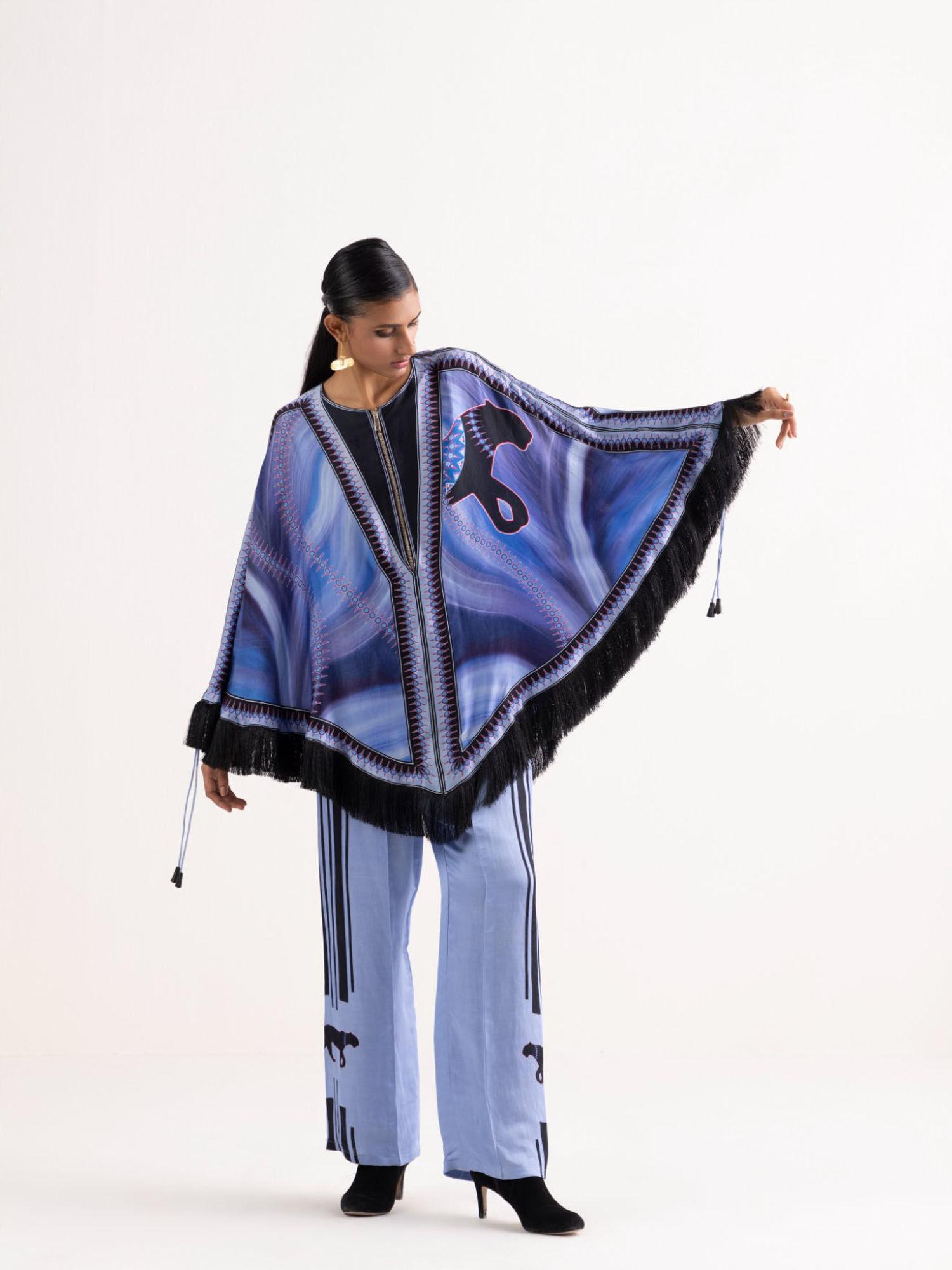 zawati blue printed cape top with pant (set of 2)
