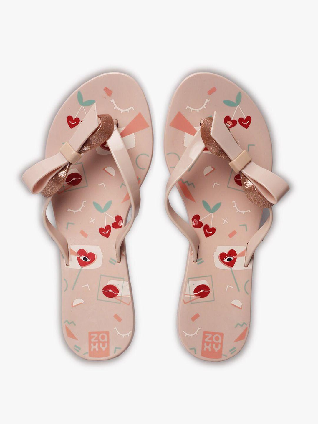 zaxy women taupe & red printed thong flip-flops