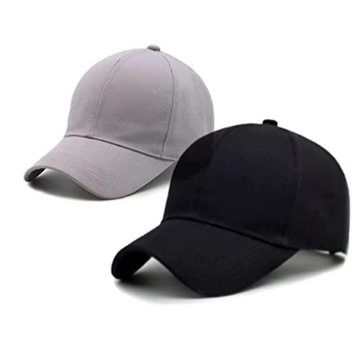 zaysoo baseball cotton plain adjustable caps for men and women - black & grey - pack of 2