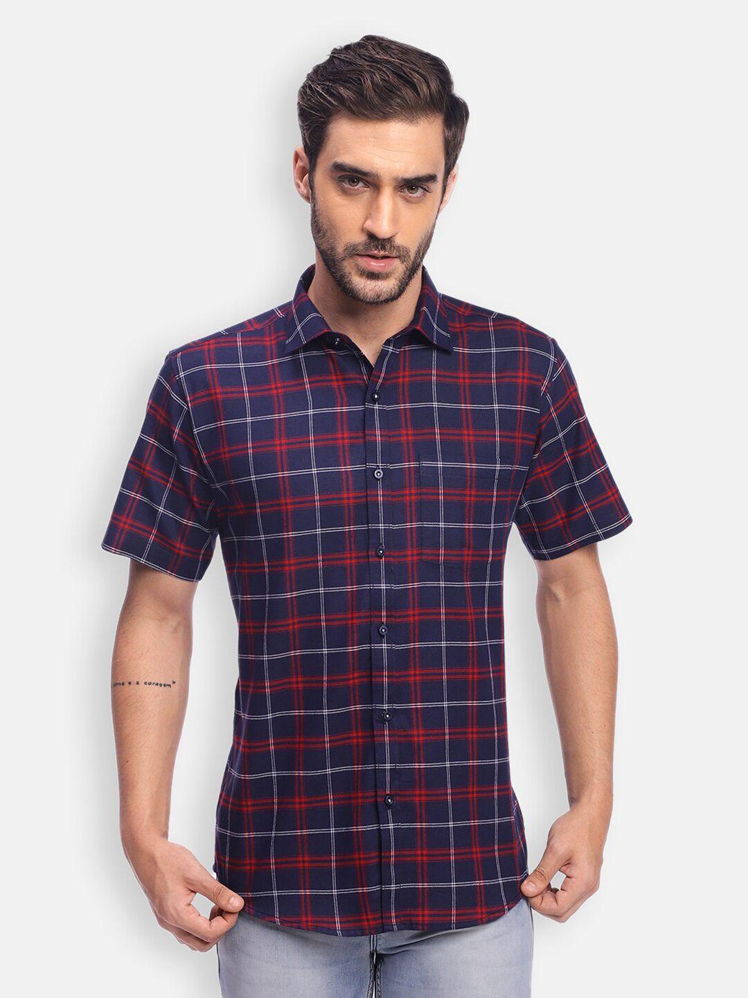 zeal men navy blue & red standard checked pure cotton casual shirt