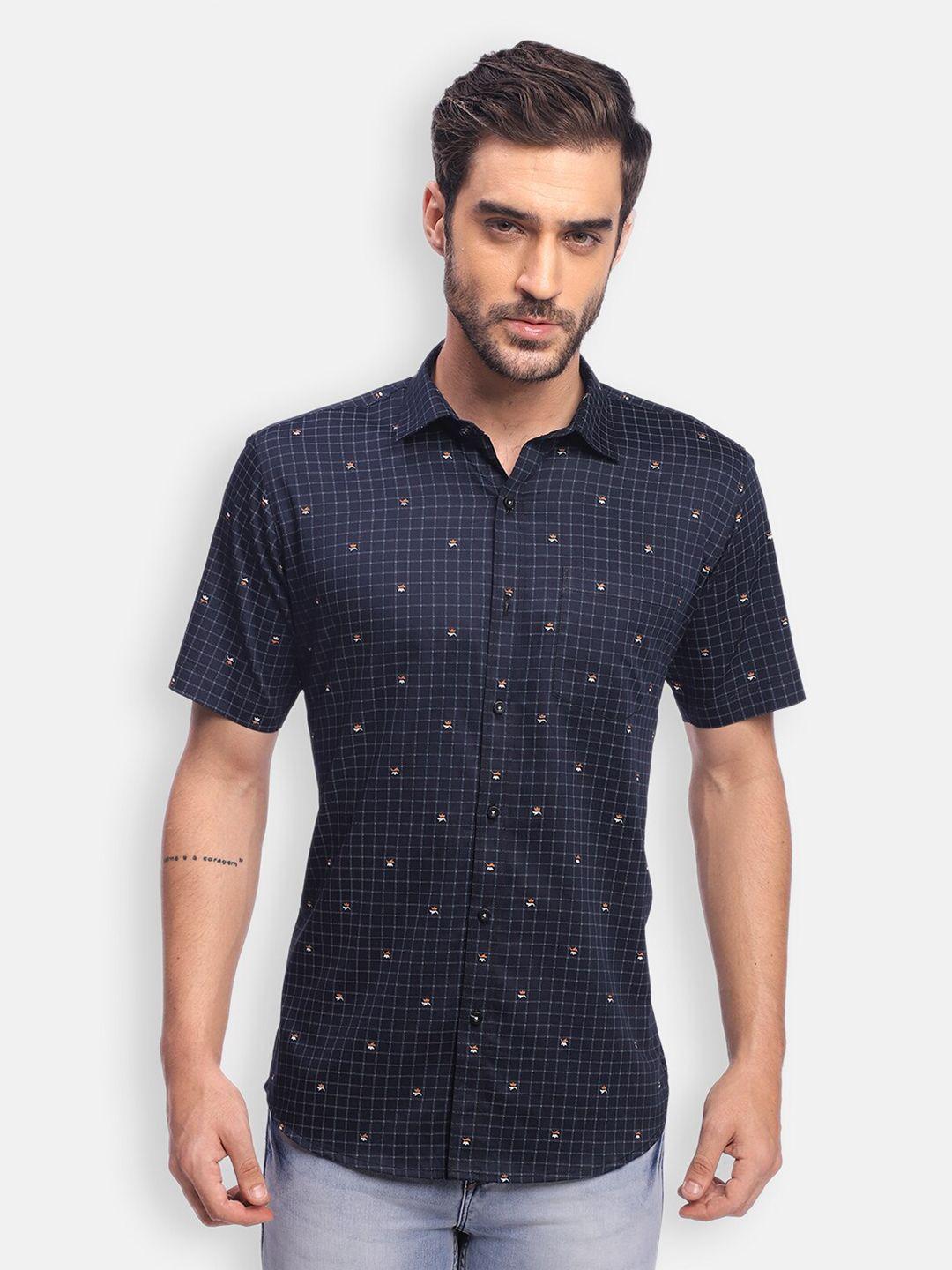 zeal men navy blue standard printed pure cotton casual shirt
