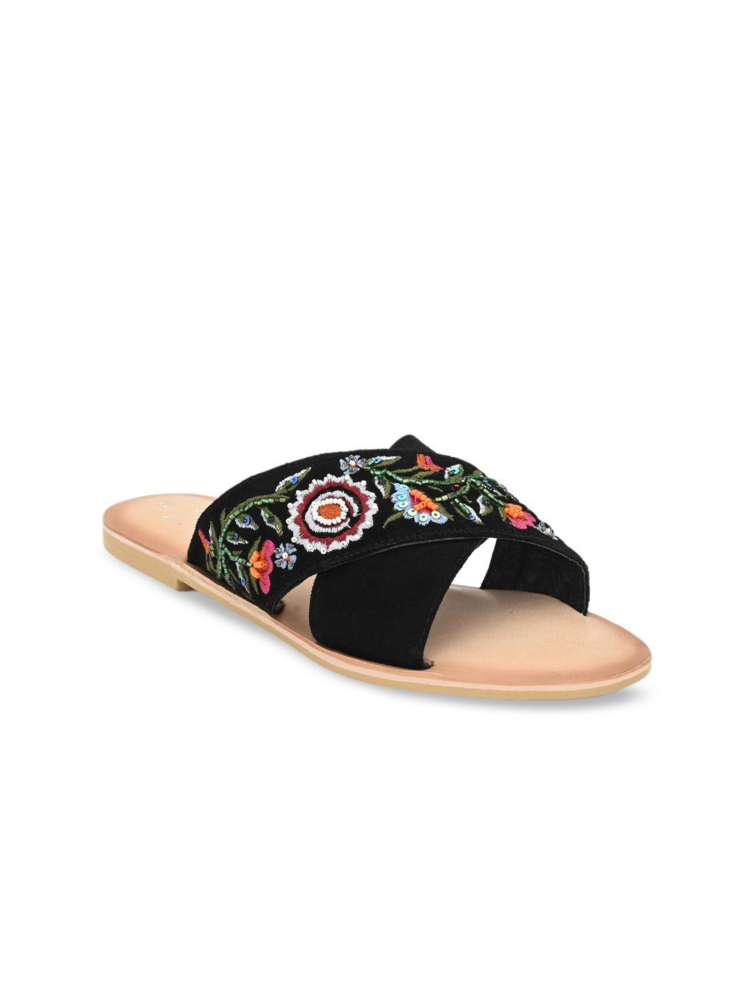 zebba women black embellished pu open toe flats