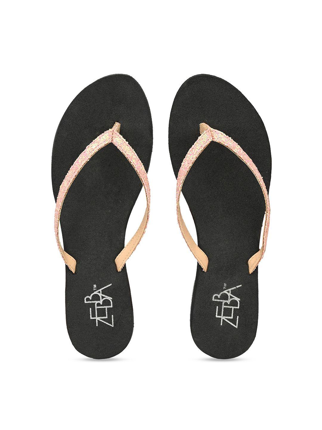 zebba women nude-coloured & black solid thong flip-flops