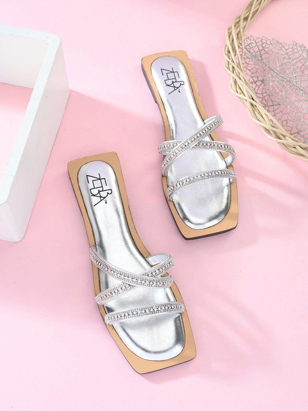 zebba women silver-toned embellished open toe flats