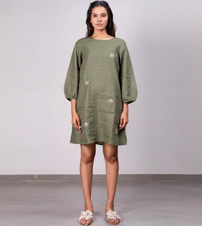 zebein india olive green viva la frida marie linen a- line short dress with pockets