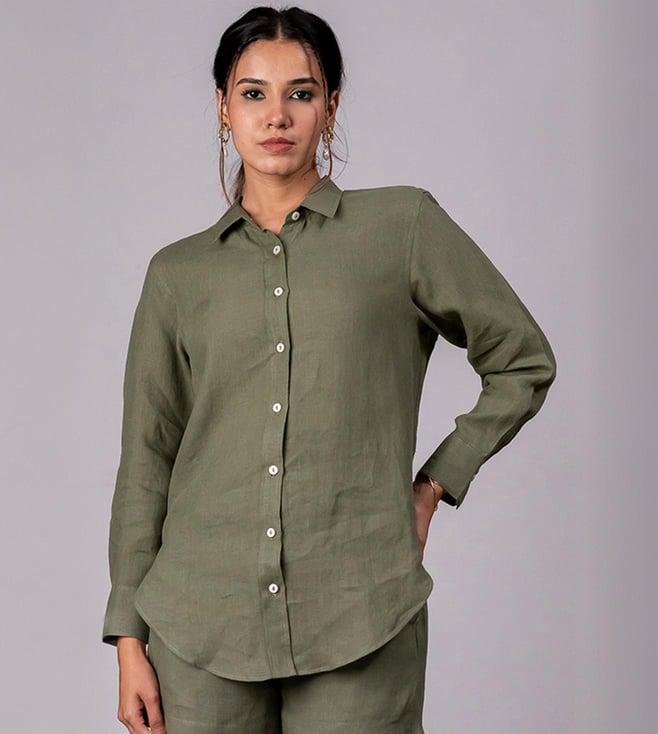 zebein india olive green viva la frida sandra linen curved hem shirt