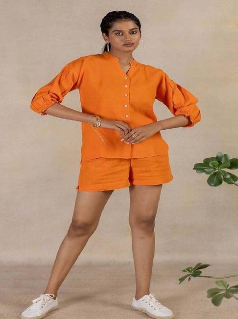 zebein india orange soda wanderlust day 13 - linen bobbin elastic ruffle sleeve shirt