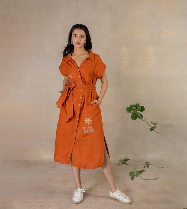 zebein india tan rust wanderlust day 16 - linen kimono sleeve shirt dress with belt