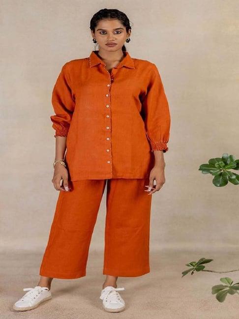 zebein india tan rust wanderlust day 2 - linen bobbin elastic sleeve shirt with pocket