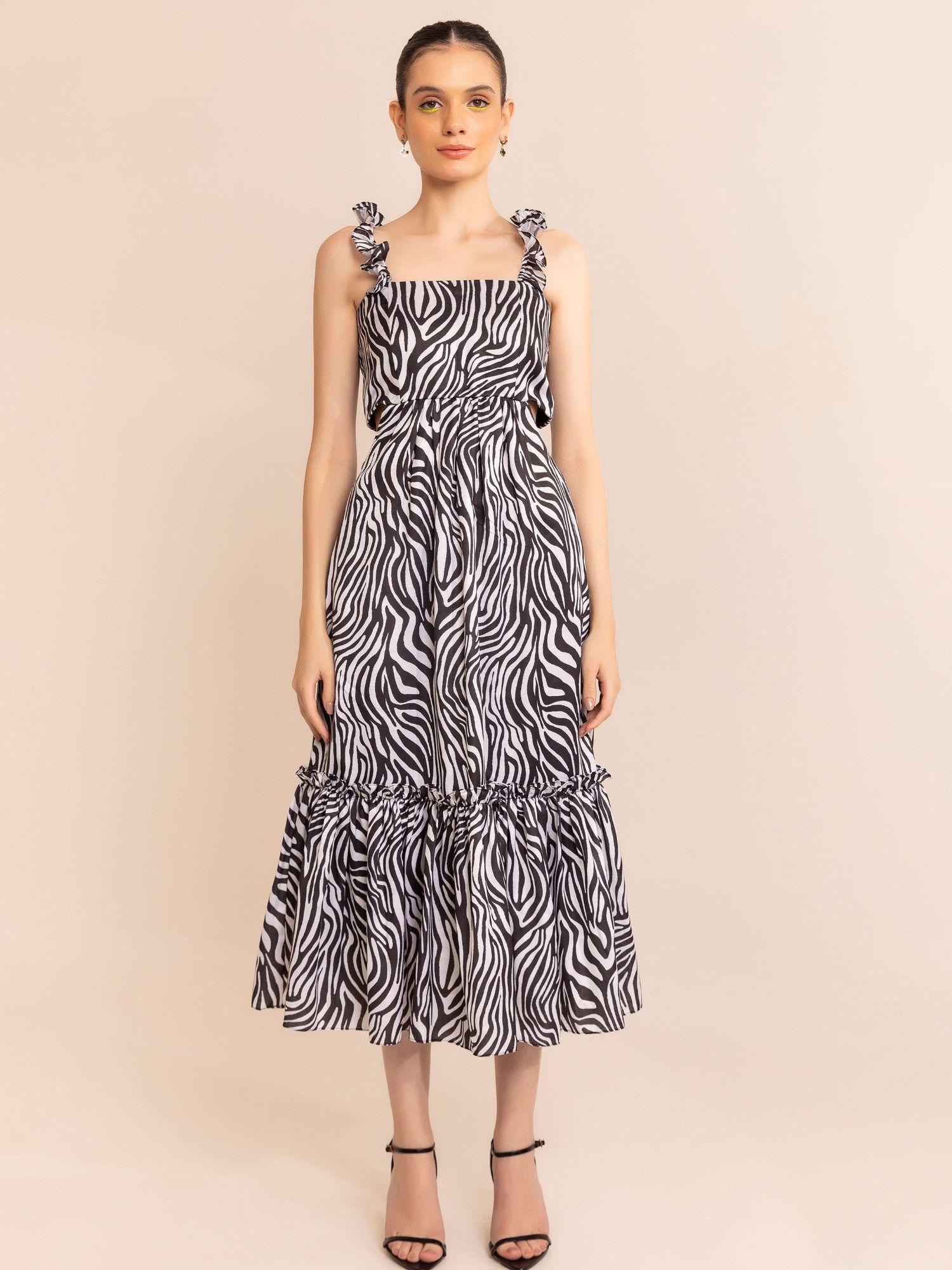 zebra print waist cut out midi dress