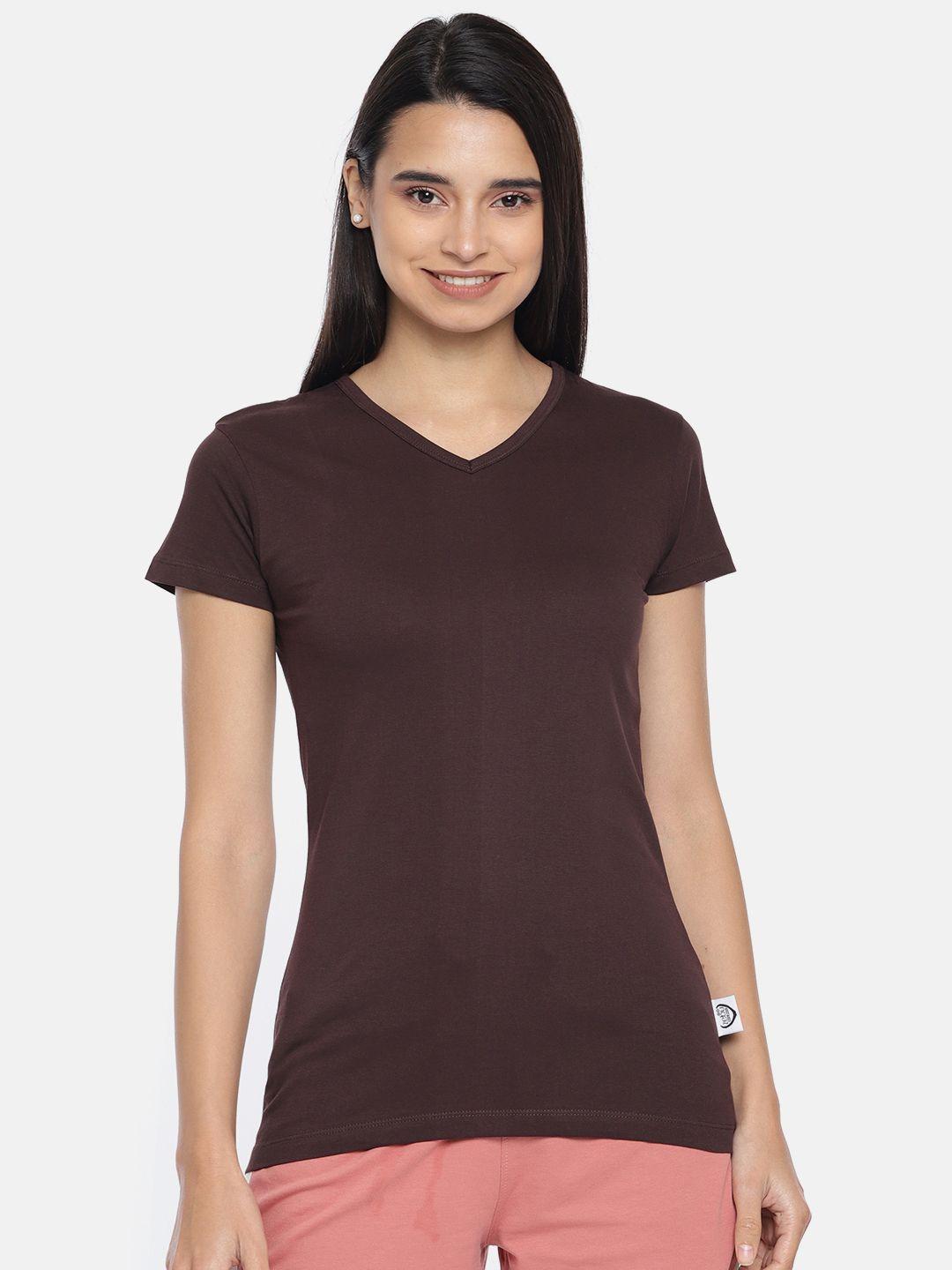 zebu women brown solid v-neck pure cotton t-shirt