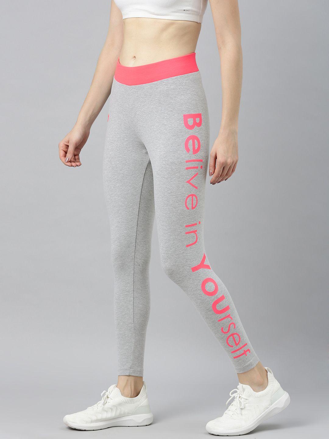 zebu women grey melange solid skinny-fit cropped tights with printed detail