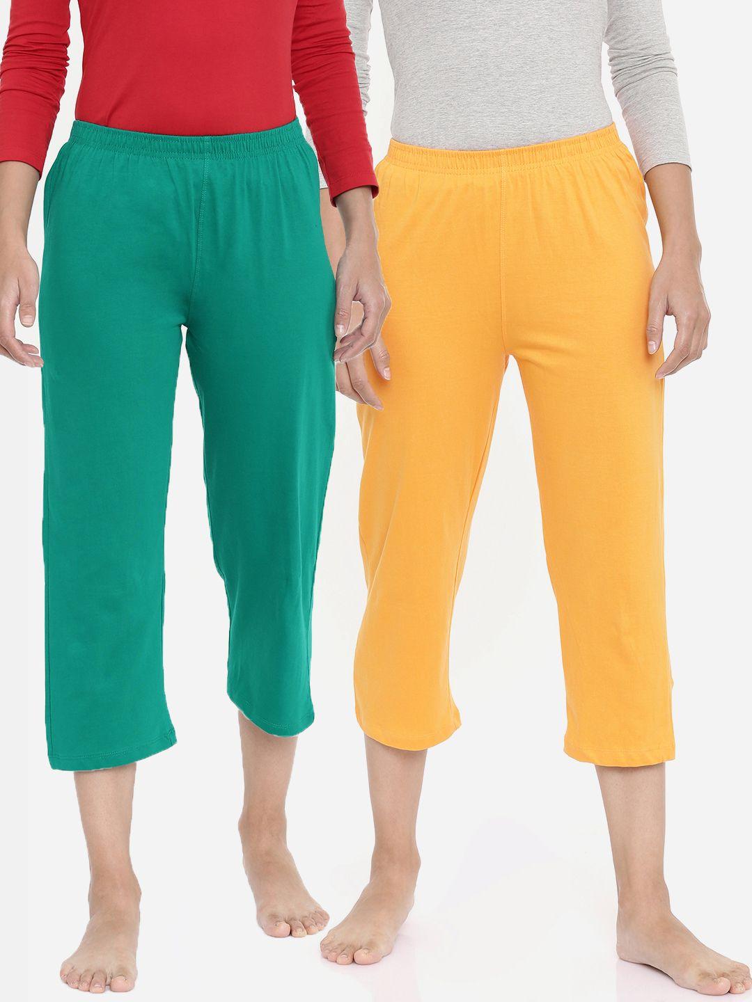 zebu women pack of 2 green & yellow solid regular fit capris