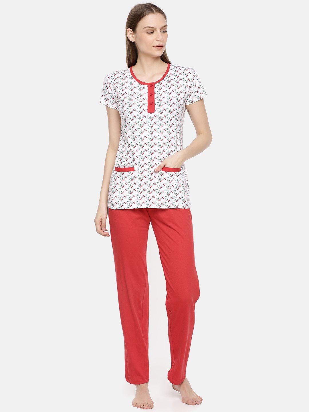 zebu women red & white printed night suit